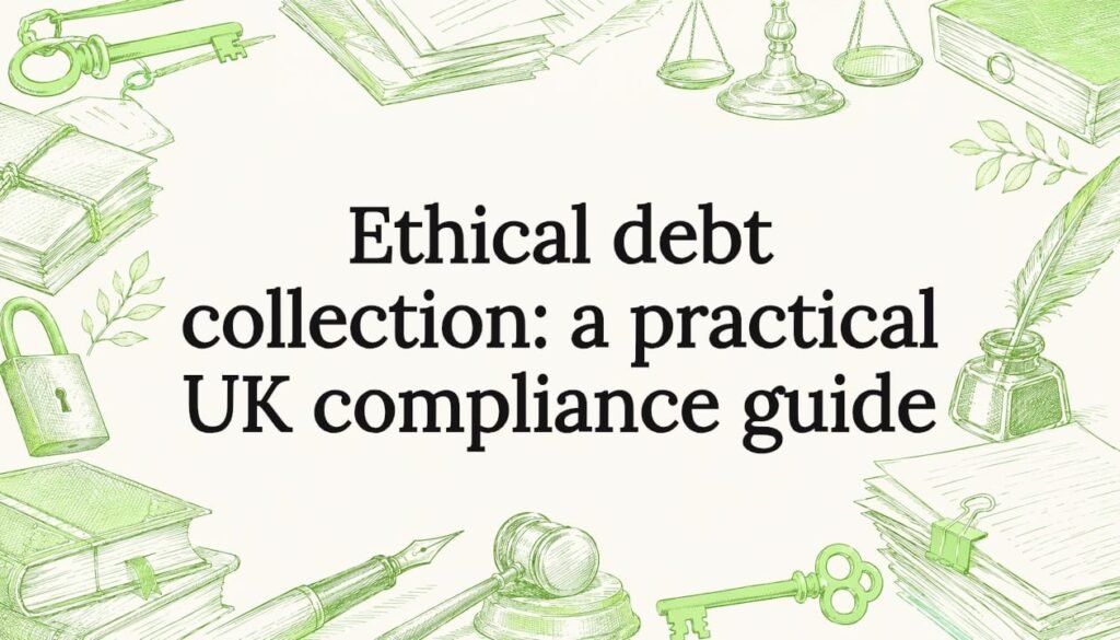 Decorative title card illustration with debt collection objects