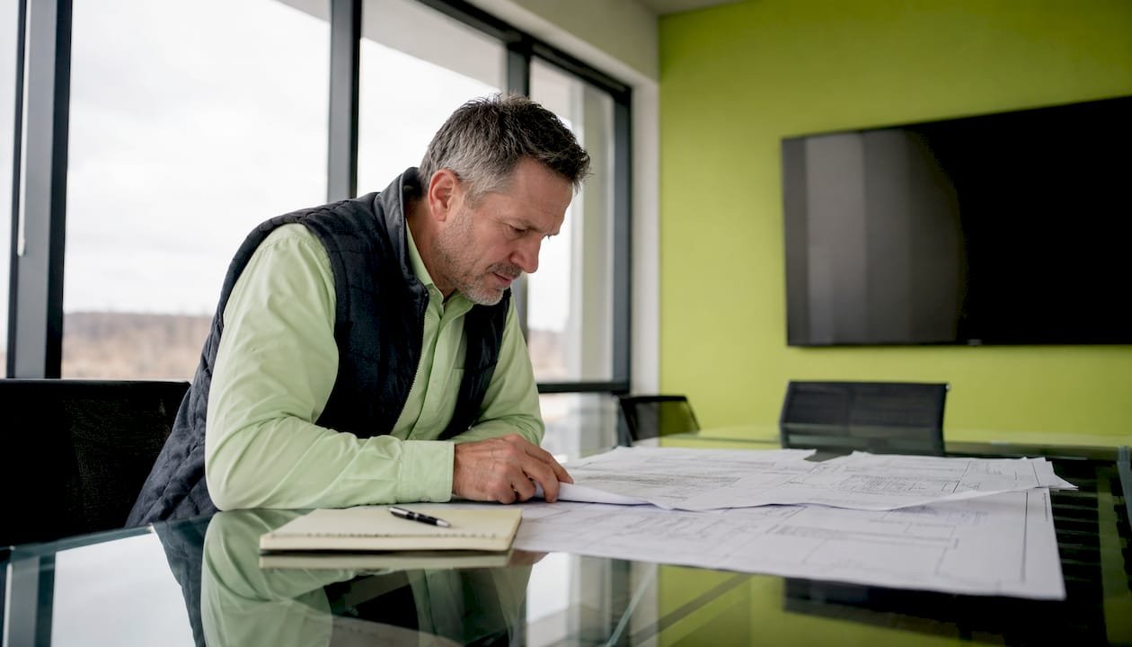 Contractor reviewing contract dispute papers at desk