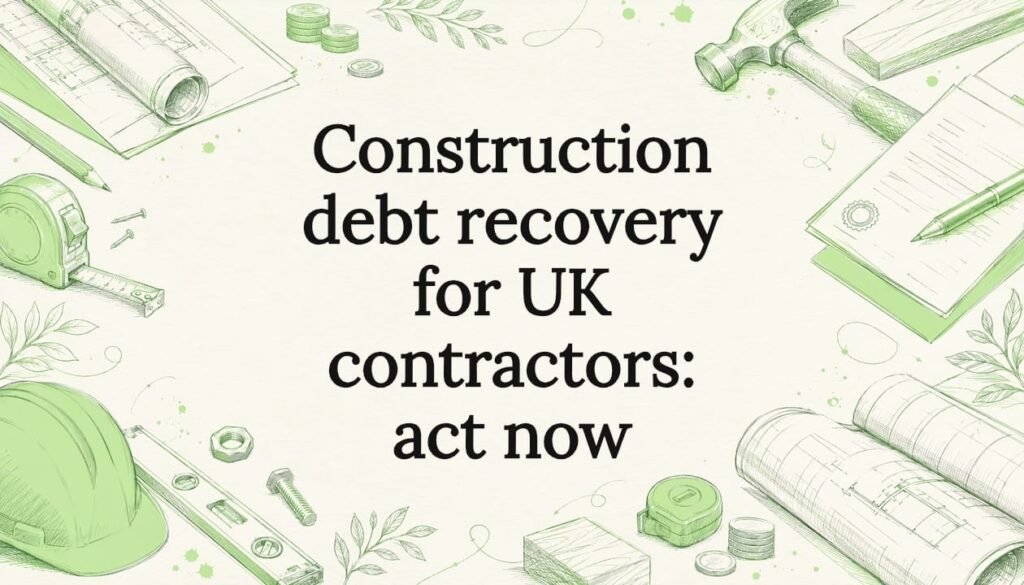 Decorative title card illustration with construction tools and contracts