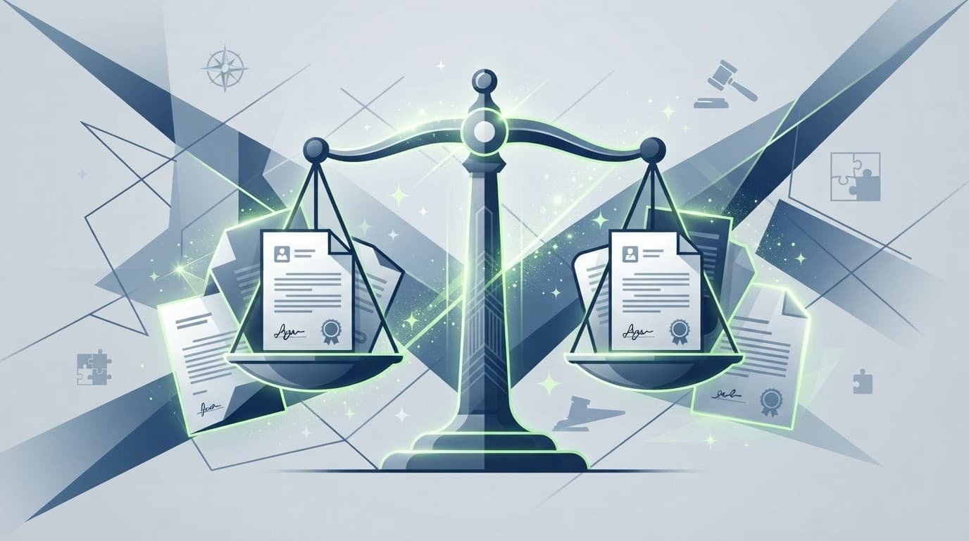 Balanced scales of justice resting beside stacked business contract documents.