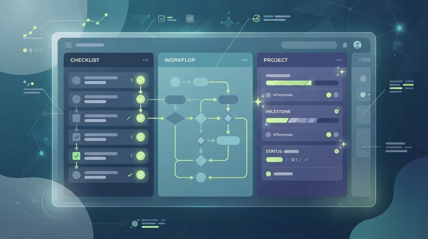 A clean vector illustration of a business workflow board with task checklist cards.