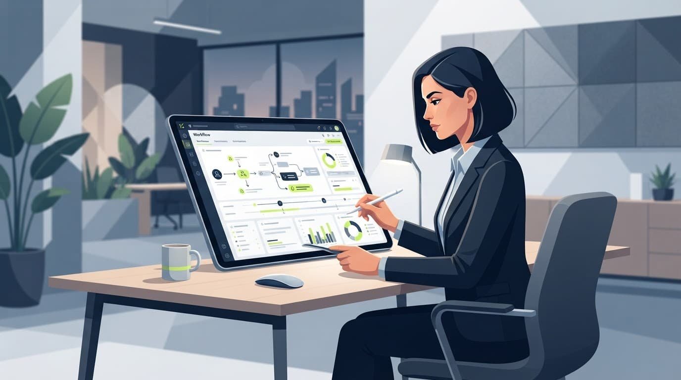 A compliance officer reviews financial workflows on a tablet at a wooden desk.