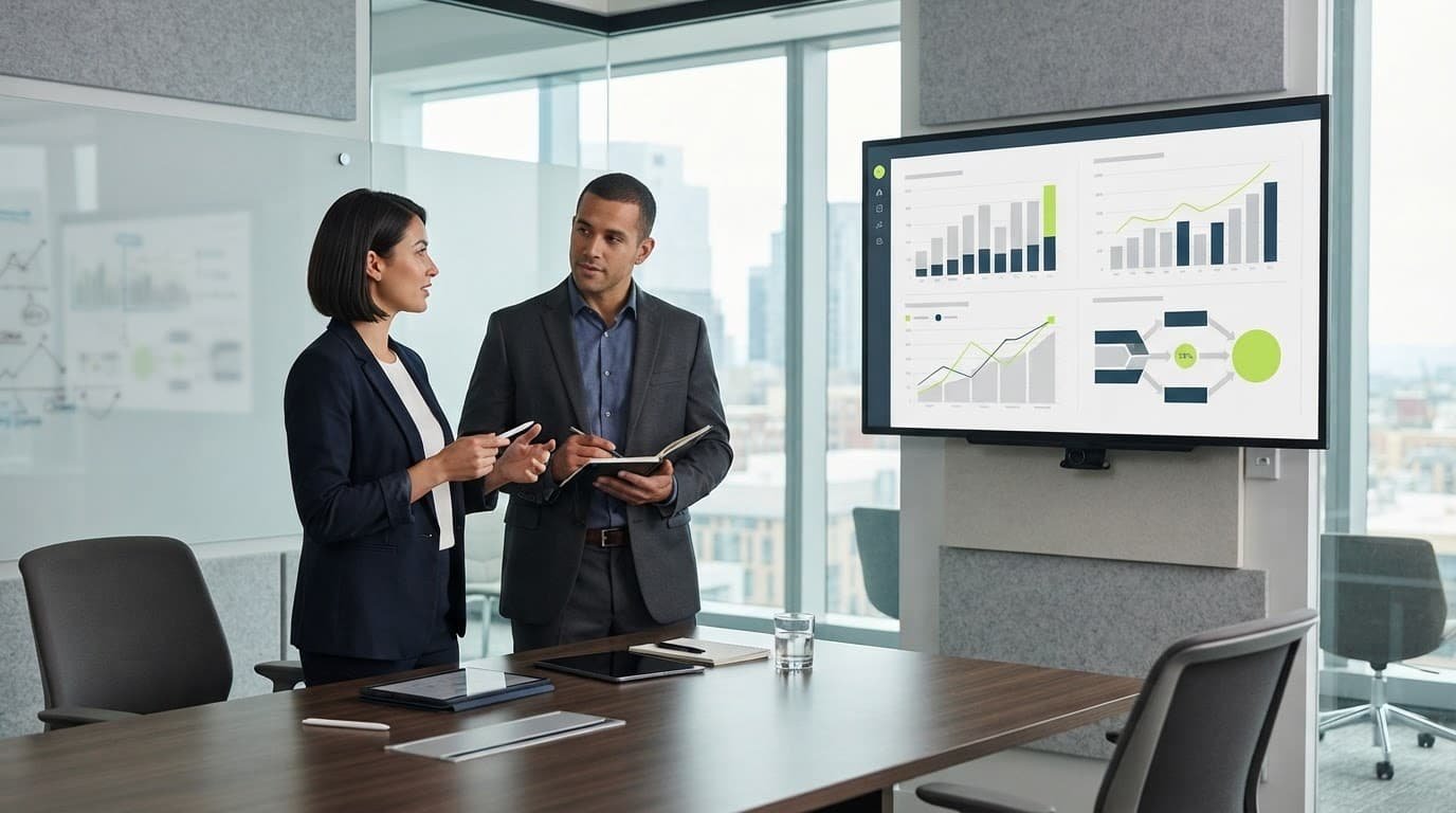 Two business professionals reviewing financial charts in a modern corporate meeting room.