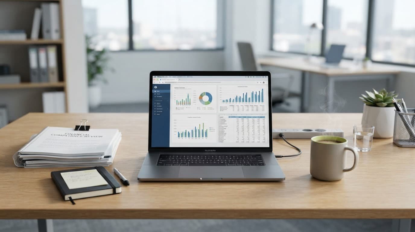 An organized desk with a laptop, documents, and coffee.