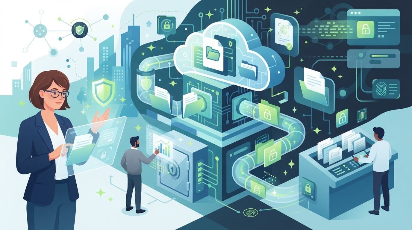 An abstract illustration of secure digital folders and locks with lime accents.