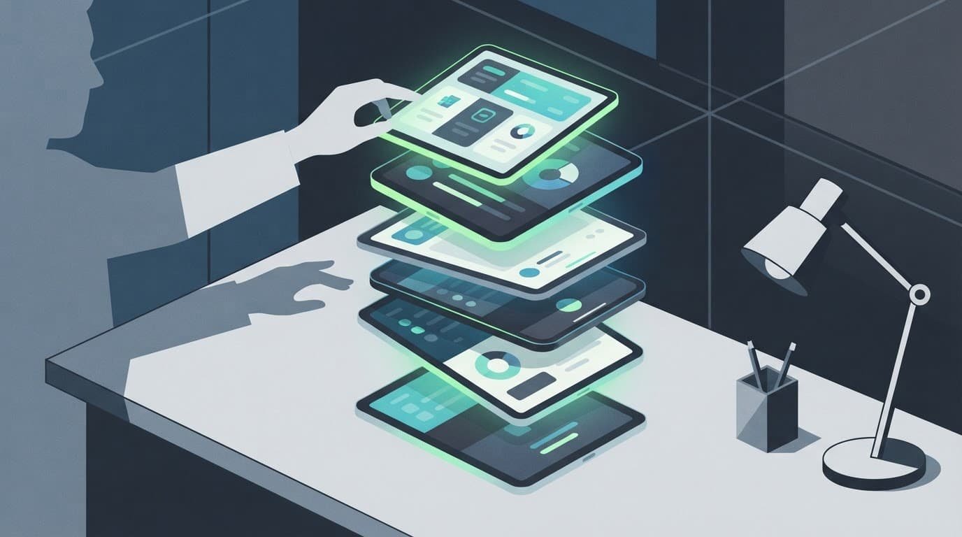 Layered digital payment screens on a minimalist desk with a person's shadow silhouette.