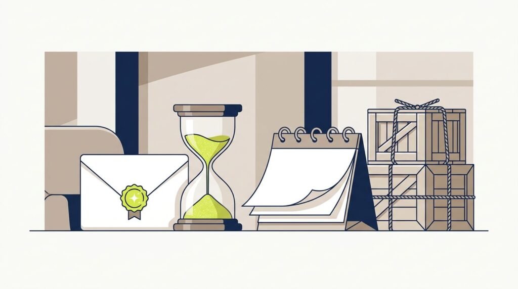 A sealed legal document rests next to an hourglass and a calendar.