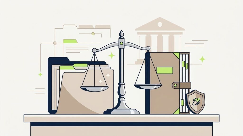 A silver balance scale, folder, ledger, and shield on a compliance desk with a courthouse background.