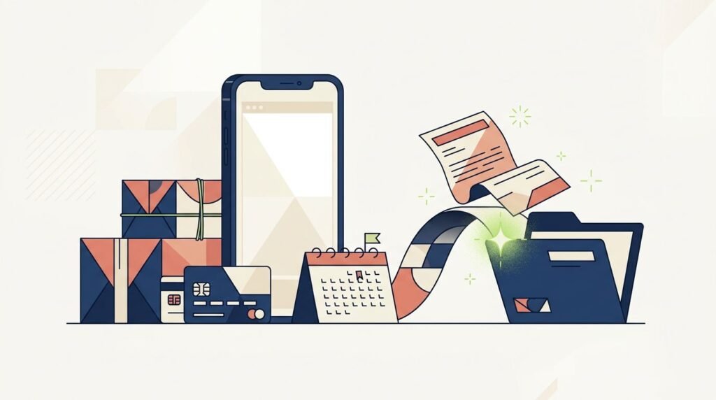 A smartphone, shopping parcels, payment cards, and an overdue bill near a collection folder.