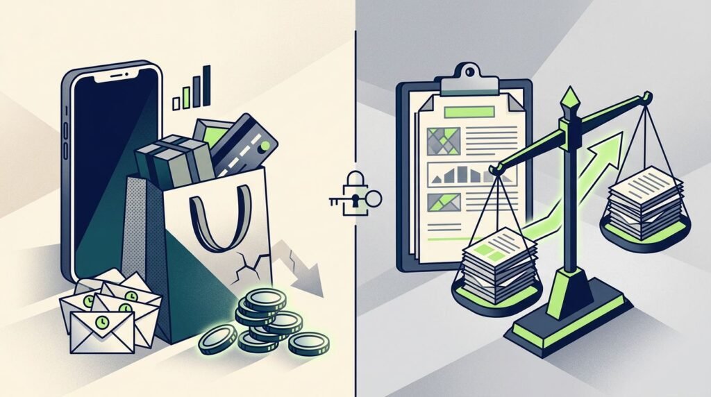 A smartphone and shopping bag sit opposite an invoice, clipboard, and balanced scales.