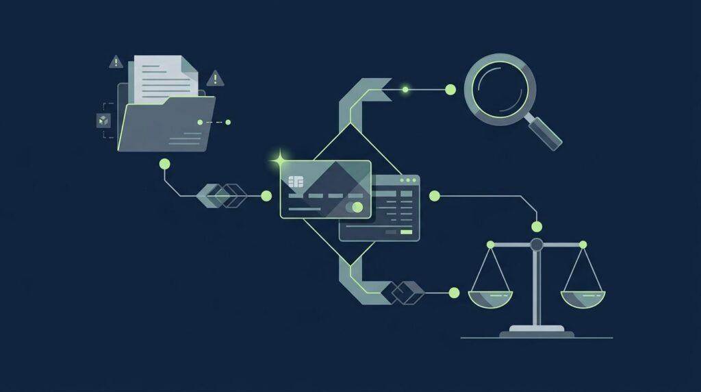 Payment card and ledger linked to a complaint file, magnifying glass, and scales.