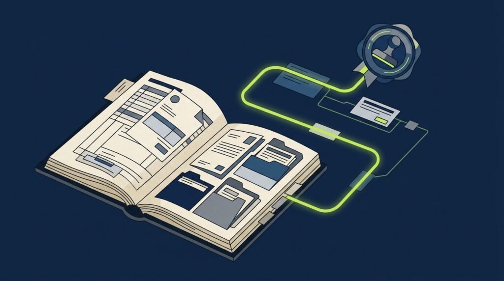 An open ledger and evidence folders with a glowing green line pointing to a document seal.
