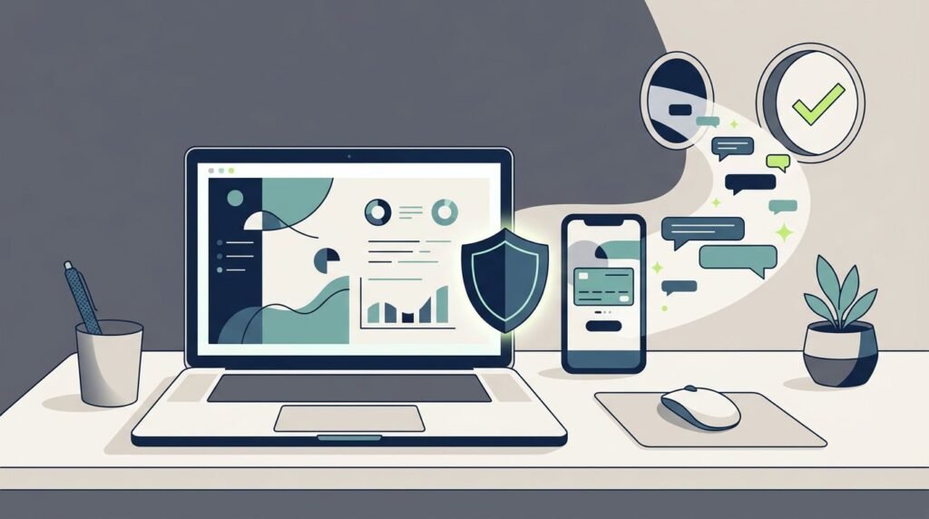 An organized desk with a smartphone and laptop showing secure payment screens and message bubbles.