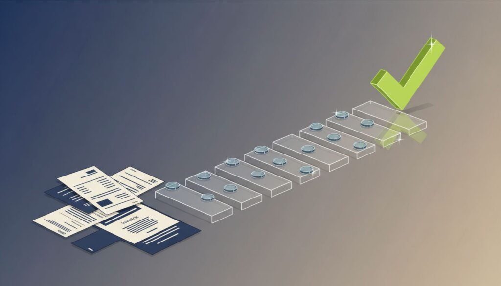 Glass stepping stones lead invoices toward a green checkmark, with coins marking the route.