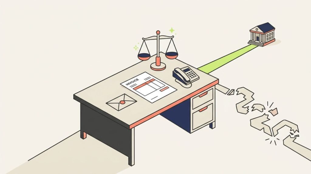 A desk displays an invoice, phone, and legal scales with two diverging paths.