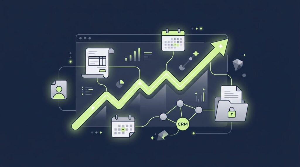 An upward-trending glowing financial graph connects to invoices and calendar reminders on a navy background.