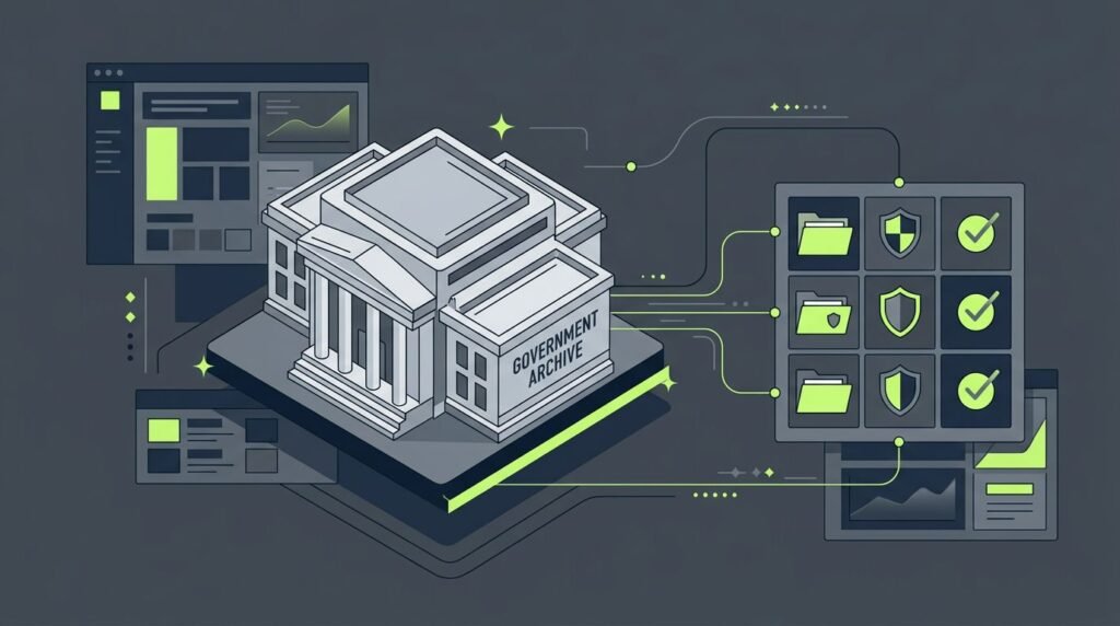 A government archive links to recovery firms through secure data lines and verification symbols.