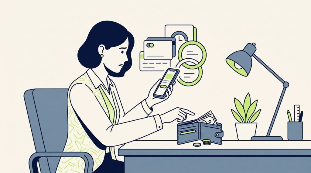 An entrepreneur looking worried at a phone and empty wallet amid overlapping payment cards.
