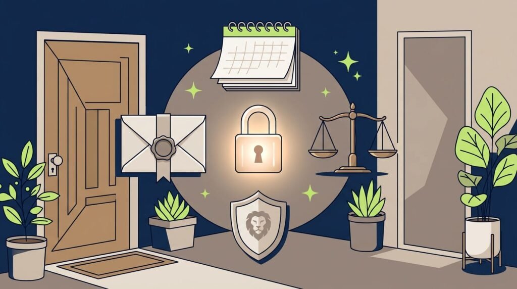 An official envelope, balance scale, shield, and calendar arranged around a glowing lock.