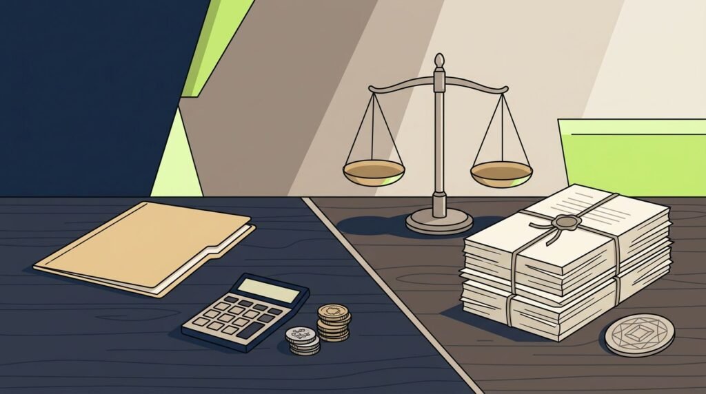 A desk with a justice scale, legal folders, and a calculator representing debt thresholds.