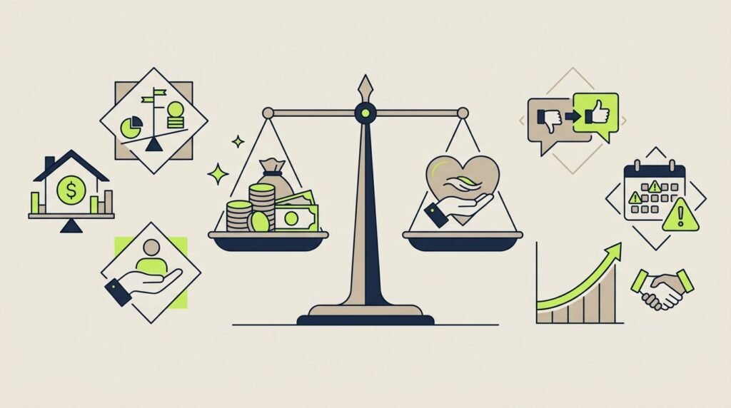 A digital analytics dashboard with a balance scale showing cash recovery and customer wellbeing.