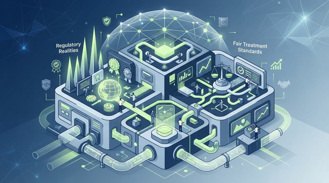 A shield and financial symbols arranged within a structured compliance framework.