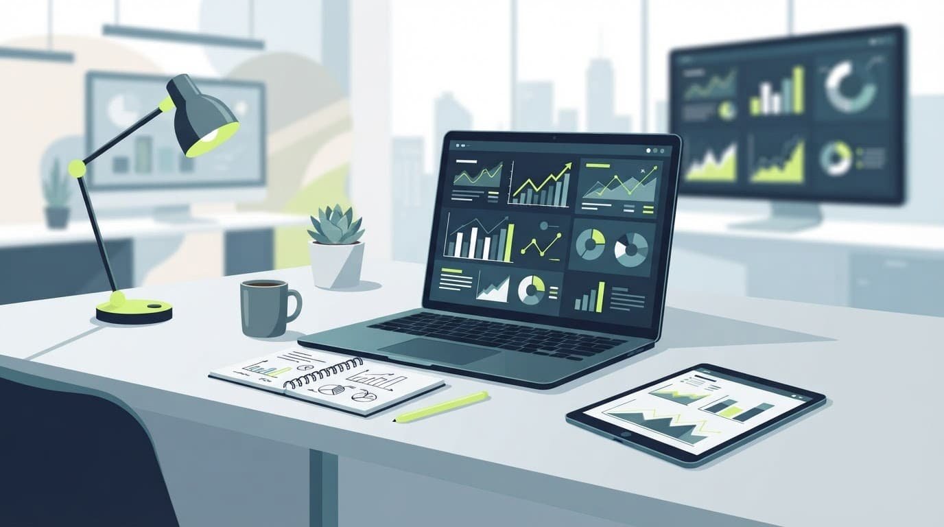 Laptop and financial charts arranged on a clean modern desk.