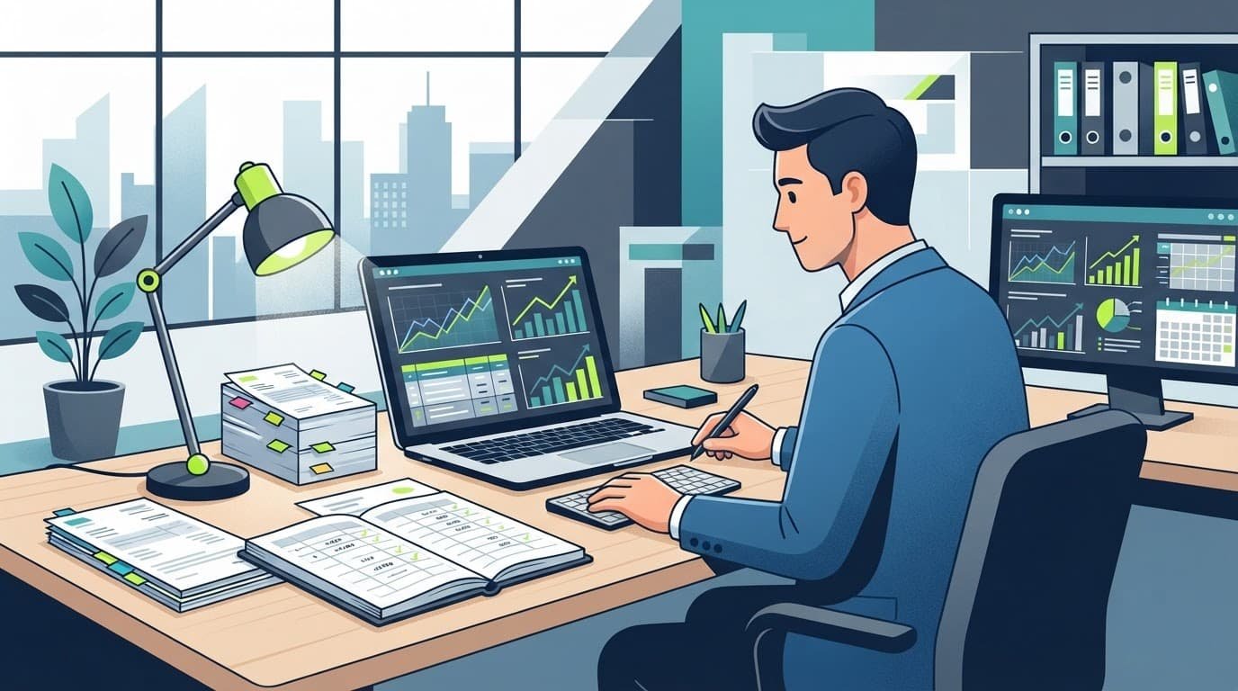 A stylized vector desk with financial charts, ledgers, and clean shapes.