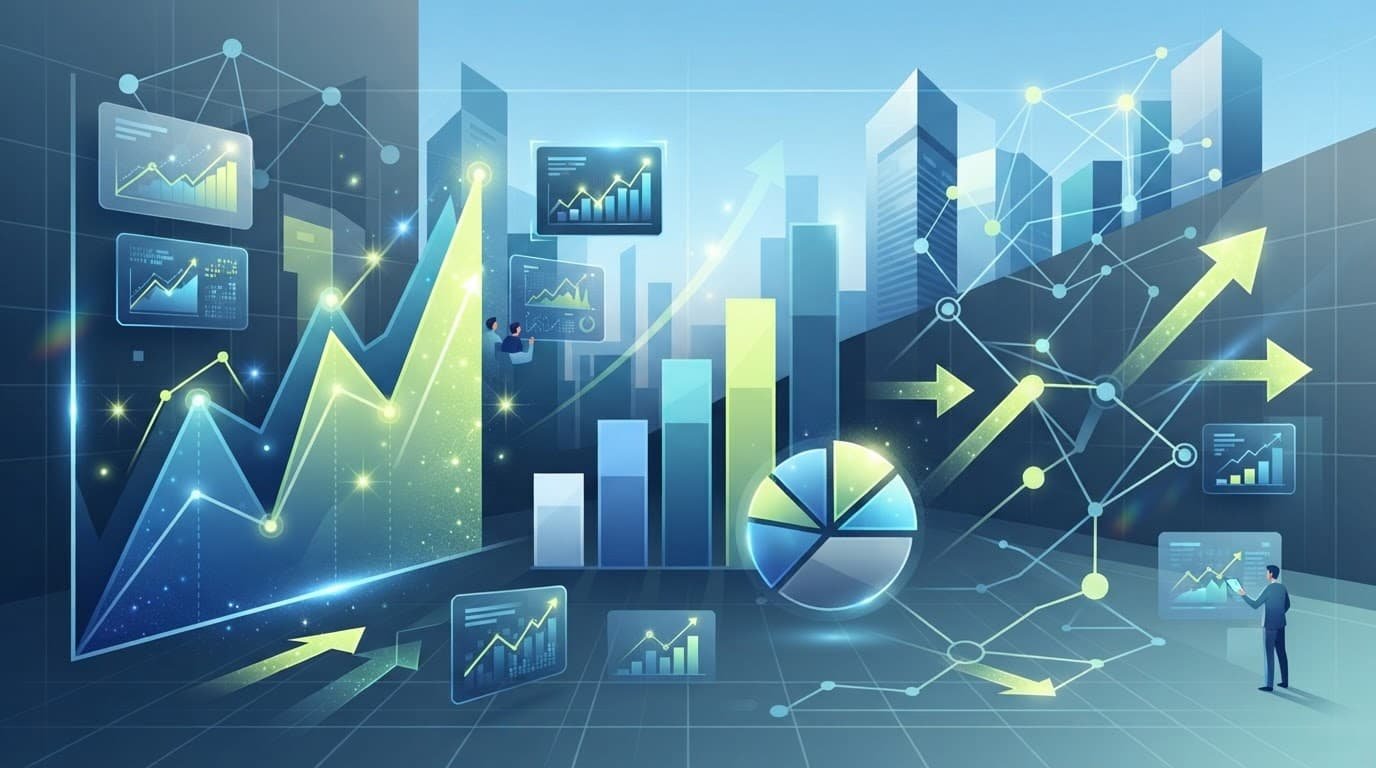 Modern vector illustration of financial analytics charts showing upward recovery trends with lime accents.