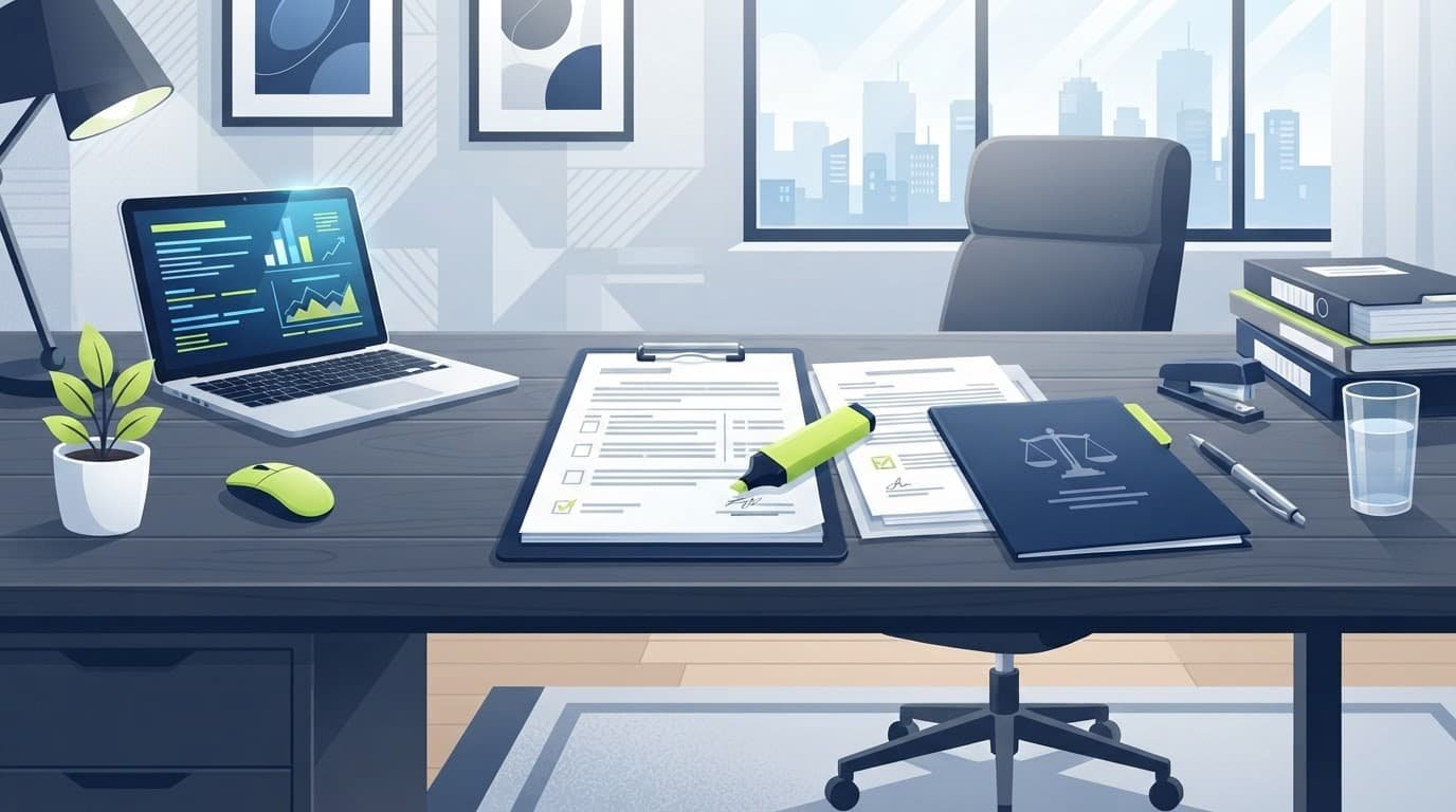 A clean vector illustration of a professional desk with legal papers and a clipboard.