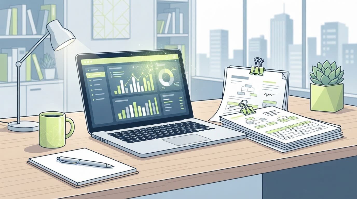 A clean workspace desk featuring a laptop and organized financial notes.