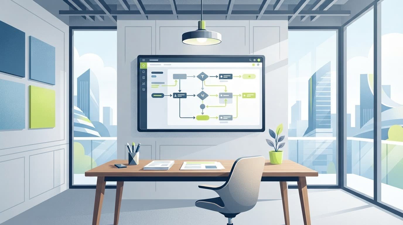 A modern desk with a monitor showing workflow diagrams and neatly arranged paperwork.