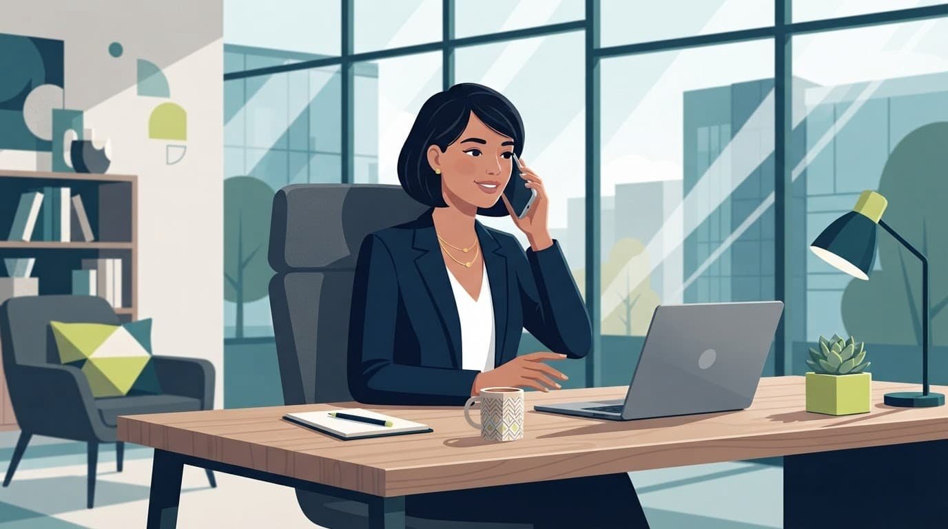 A business professional having a calm phone conversation at a modern wooden desk.
