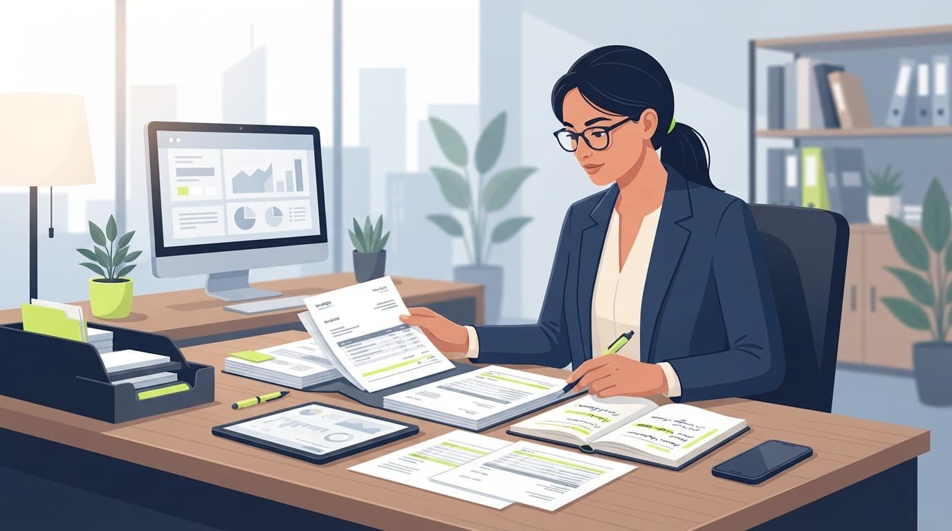 A professional reviewing overdue invoices at a tidy desk with soft lighting.