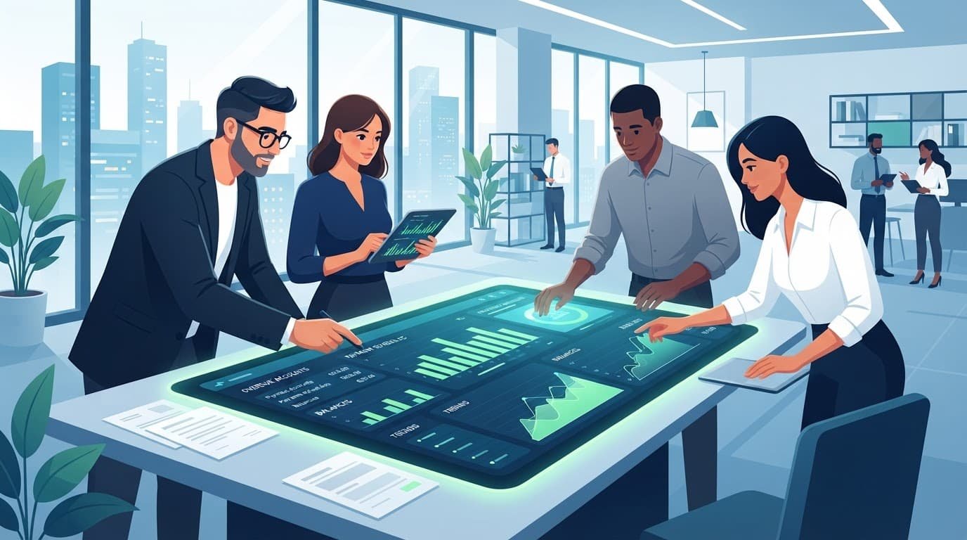 Business professionals reviewing invoices and financial charts at a conference table.