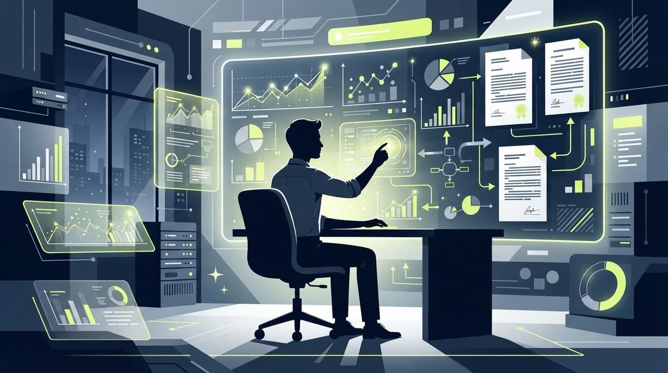 A silhouette analyzes financial charts and legal documents with lime accents.