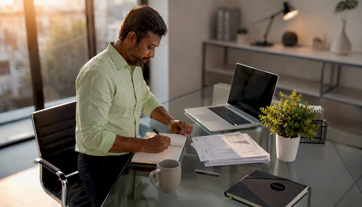 Business owner writing invoice follow-up note