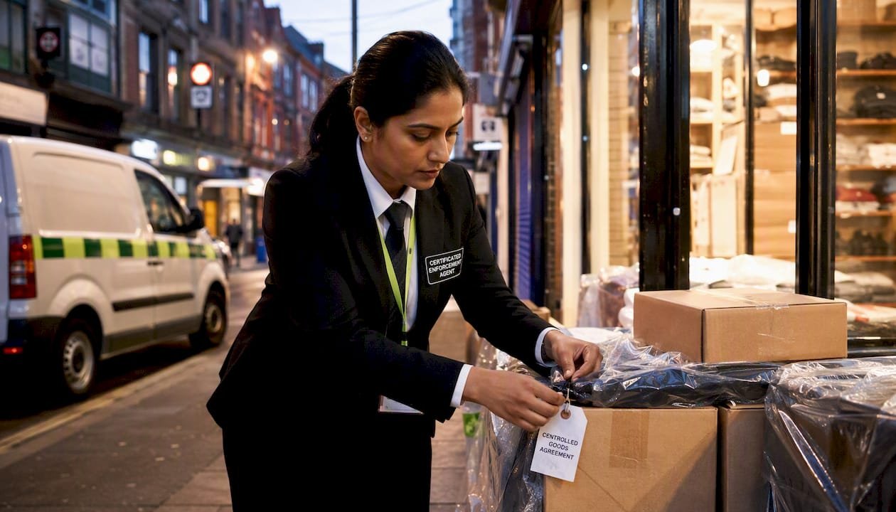 Enforcement agent securing goods outside commercial premises