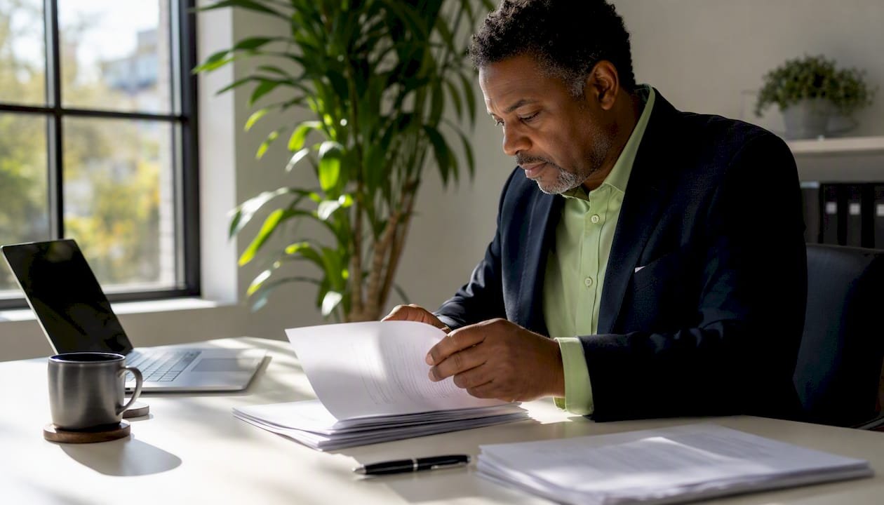 Landlord reviewing lease documents at desk