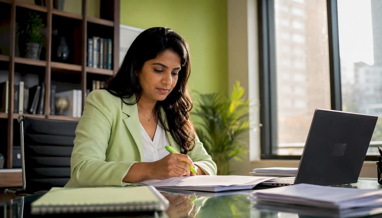 Professional woman reviewing debt recovery files