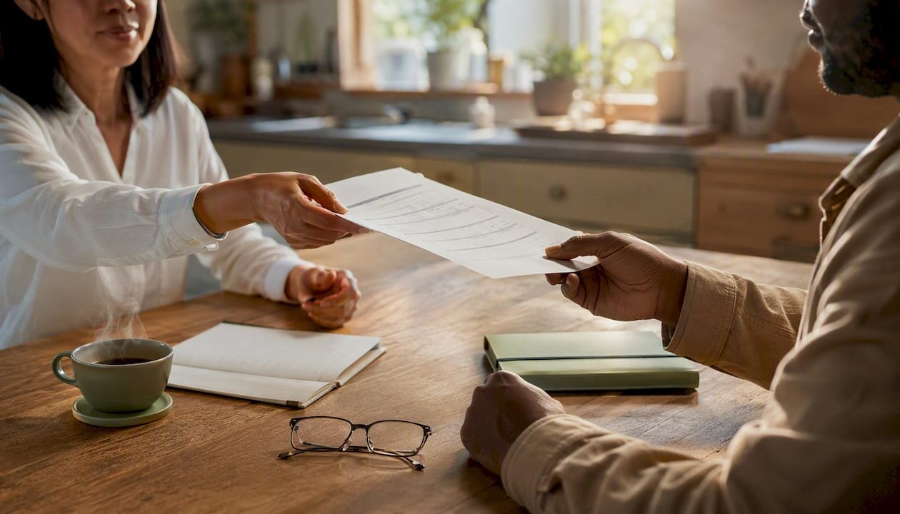 Hands exchanging debt recovery statement documents