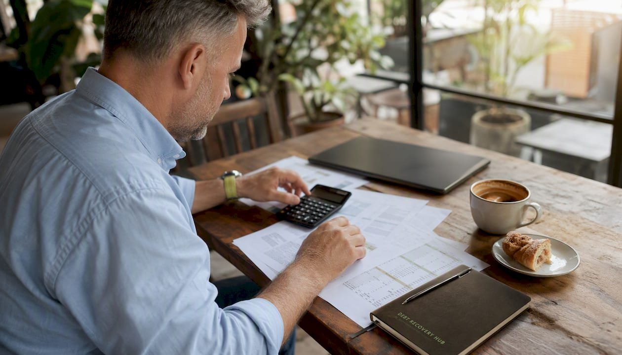 Man calculating late payment interest at desk