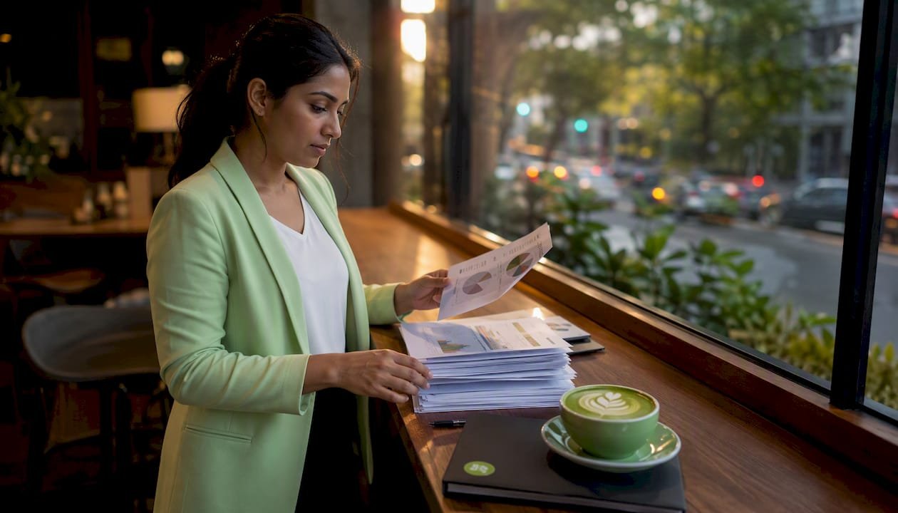 Businesswoman reviewing debt documents at desk