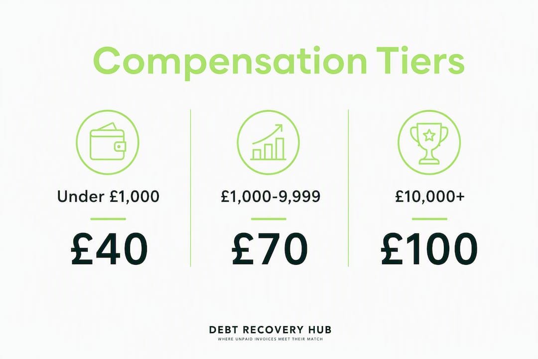 Infographic showing fixed compensation tiers for late payments in UK