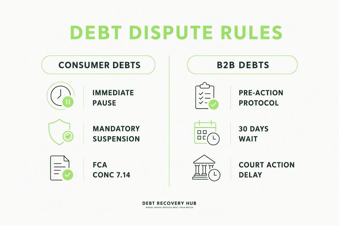 Infographic comparing consumer and B2B debt dispute rules