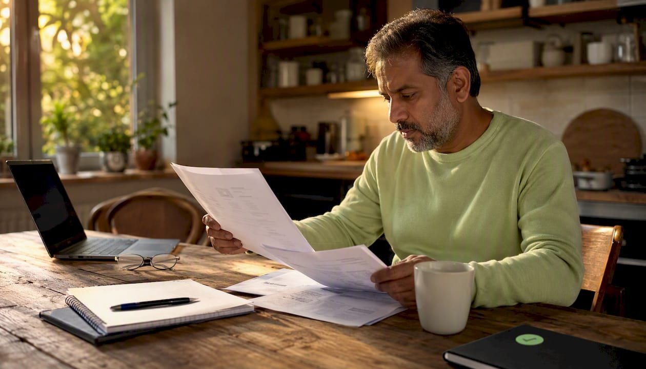 Man reviewing lease documents at desk