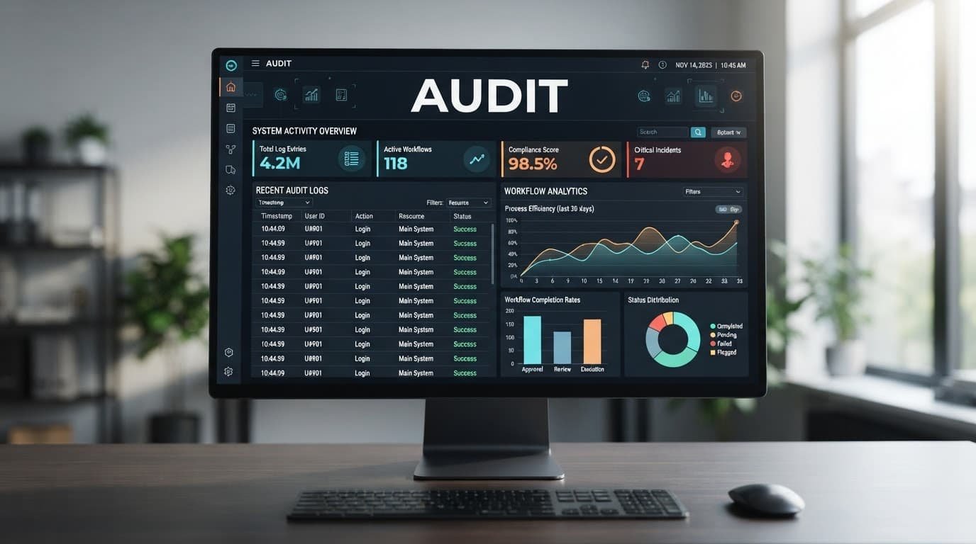 Computer screen showing audit logs and workflow analytics beneath an Audit headline.