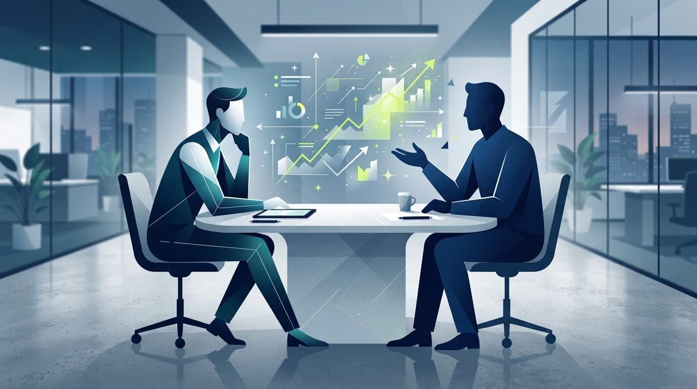 Two abstract figures discuss business debt across an office table.