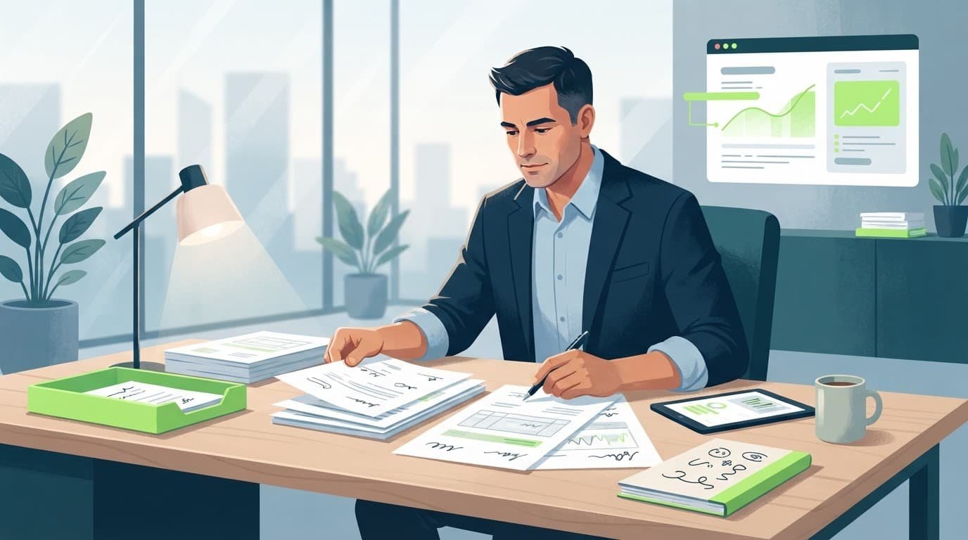 A business owner reviews papers and unpaid invoices at a wooden desk.