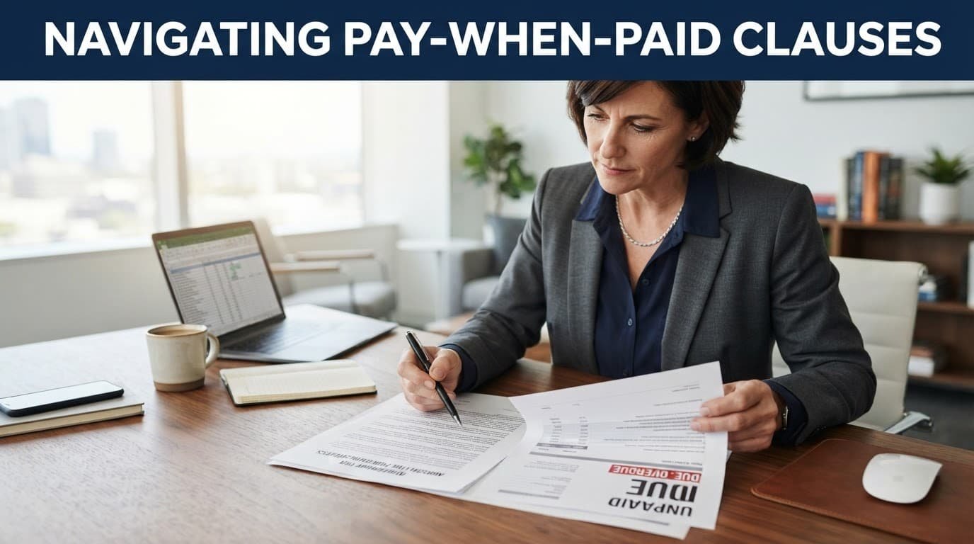 Business owner reviewing a contract and unpaid invoice at a wooden office desk.